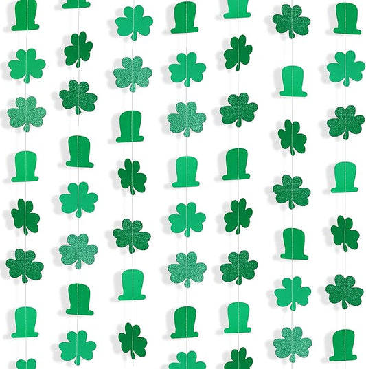 40 Feet St Patrick's Day Decorations Glitter Shamrock Garland, Hanging Paper Streamers Banner Ceiling Hanging for Birthday Irish Day Party Supplies Home Party Decor