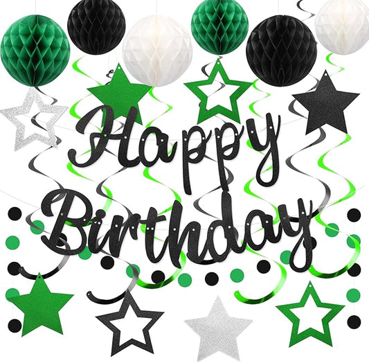 YEOCU Birthday Decorations, NO DIY, Pre-Strung Happy Birthday Banner with Honeycomb Ball, Hanging Swirl, Circle Dots Garland, Happy Birthday Party Decorations for Women Men Boys Girls (Green & Black)