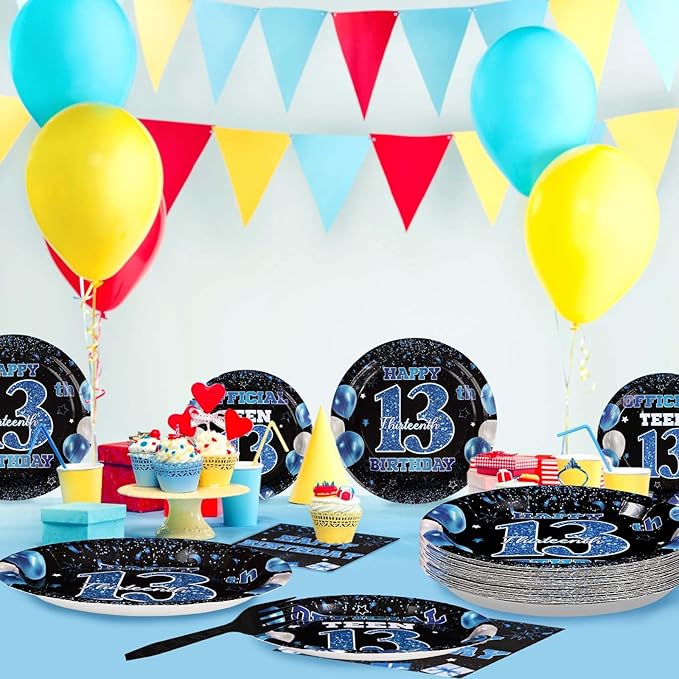 96 PCS 13th Birthday Decorations for Boys 350 GSM Official Teen 13th Birthday Plates and Napkins Disposable Blue and Black Tableware Set for Kids Teenager 13 year old Birthday Party Supplies Serves 24