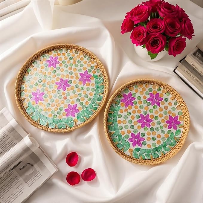 Round Rattan Tray with Mother of Pearl Inlay, Handwoven Wicker Coffee Table Serving Basket Tray for Fruit Snack Party Picnic Cafe Bedroom Kitchen Home Decor Set of 2 (Purple Blossom Dot)