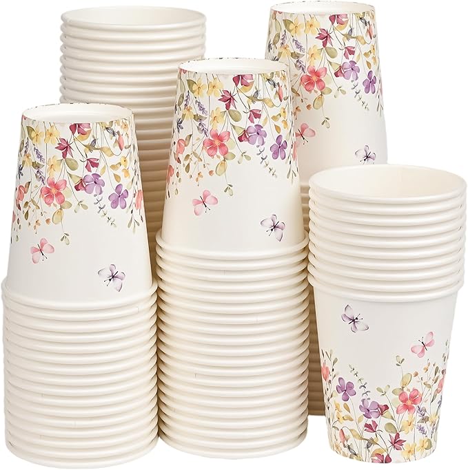 AllReal 100Pcs Wildflower Paper Cups Watercolor Pink Violet Wild Flowers Party Cups 9oz Summer Floral Butterflies Disposable Coffee Cup for Birthday Bridal Baby Shower Party Supplies