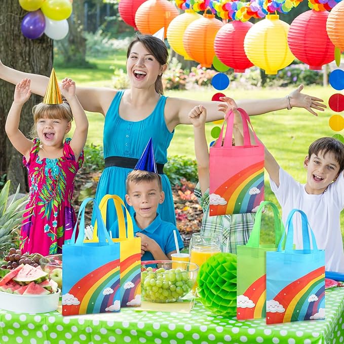 Kajaia 32 Pcs Rainbow Party Favor Bags Rainbow Goodie Bags Reusable Non-woven Pouches with Handle for Baby Shower Birthday Party Supplies, 8 Colors
