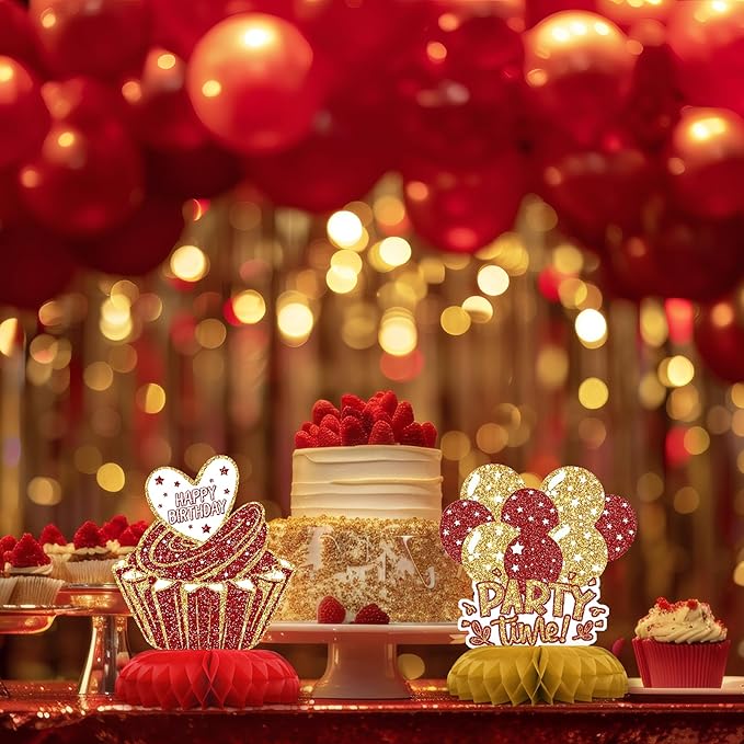 Red and Gold Birthday Decorations – 12PCS Honeycomb Table Centerpieces for Men Women Adults – Happy Birthday Table Decor Party Supplies