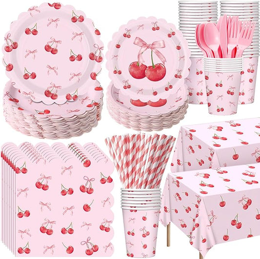 Funnymoom 452 Pcs Cherry and Bow Party Decoration Serves 50, Cherry Birthday Baby Shower Scalloped Paper Plates Napkins Cups Tablecloth Cutlery Straws for Pink Bow Birthday Baby Shower Party Supplies
