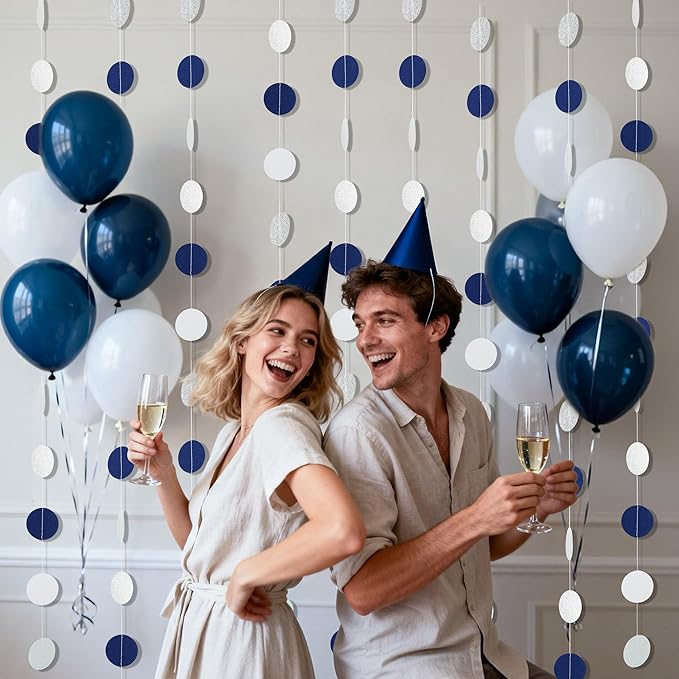 40Ft Navy Blue White Silver Circle Dots Garland - Glitter Hanging Streamer Backdrop for Birthday Wedding Baby Bridal Shower Graduation Christmas Party Decor