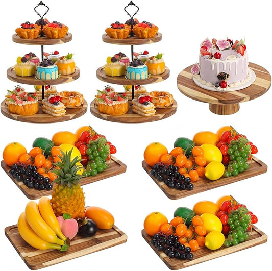 RattanView 7 Pcs Wood Dessert Table Display Set Wooden 3 Tie Cupcake Stands Rustic Round Cake Stand Wood Dessert Serving Trays for Wedding Baby Shower Birthday Tea Party(Brown)