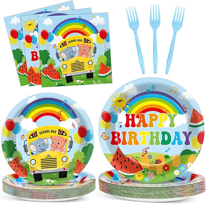 96Pcs Cartoon Melon Birthday Party Decorations Watermelon Theme Tableware Watermelon Bus Rainbow Plates Napkins Forks Cartoon Melon Dinnerware Party Supplies for Kids Birthday Baby Shower Serves 24