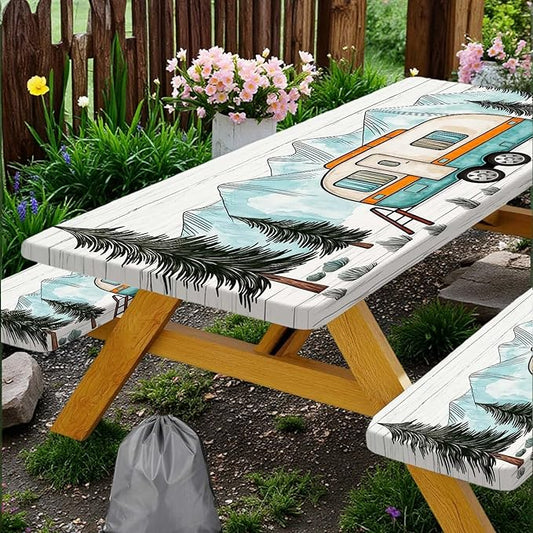 Happy Campers Picnic Table Cover with Bench Covers, RV Camping Tablecloth Fitted Picnic Table Covers, Pine Forest Country Wooden for Rectangle Tables Family Garden Outdoor Party Decorations, 30X72in