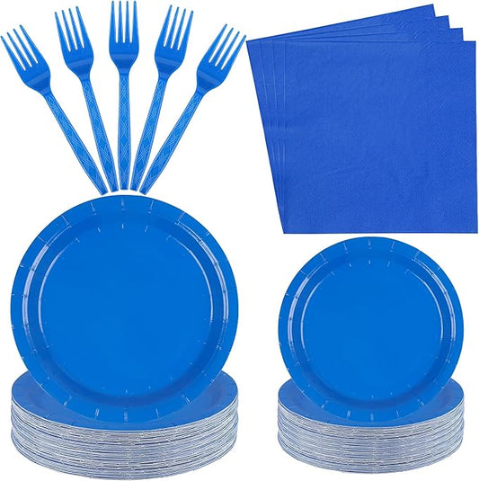 100 Count Blue Paper Plates, Napkins, and Forks - Disposable Party Tableware Set for Wedding, Birthday, Bridal Shower, Baby Shower - Serves 25