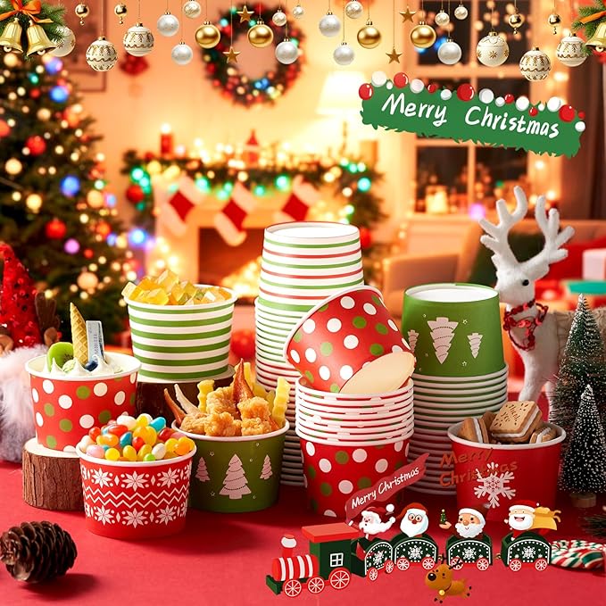 CHENGU 60 Pcs Christmas Ice Cream Cups 8oz Disposable Treat Snack Cups Red and Green Paper Bowls for Yogurt Cupcakes Soup Christmas holiday Party Supplies