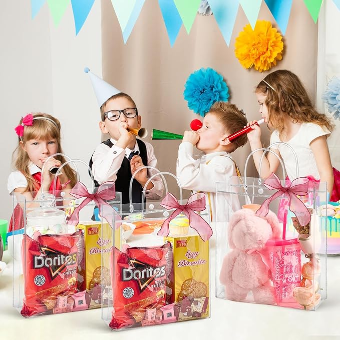 Jutieuo 24 PCS Clear Gift Bags with Handles, 10.2 x 11.8 x 3.2 Inches Reusable Plastic Goodie Bag Transparent Party Favor Bags Bulk for Weddings Birthdays Events, Classrooms & Celebrations