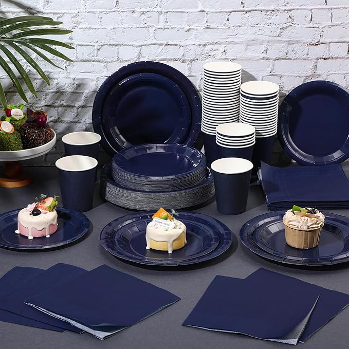 Tioncy 200 Pcs Navy Blue Disposable Paper Plates Cups and Napkins, Graduation Party Supplies Serve 50 Guests Disposable Paper Dinnerware Set for Birthday Wedding Baby Shower Family Picnic
