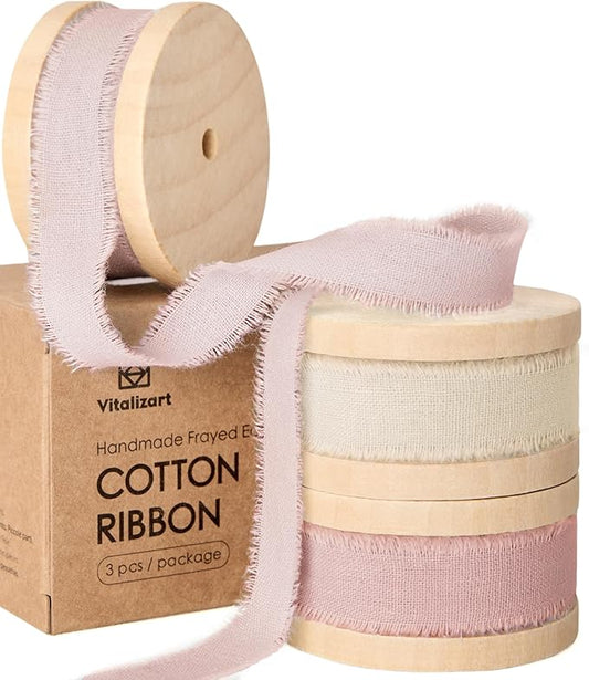 Vitalizart Pink Cotton Ribbon Handmade Fringe 5/8" x 21 Yd Pink & Cream White Pure Natural Cotton Ribbons for Valentines Day Gift Wrapping Wedding Invites Bridal Shower Bouquets Holiday Decor