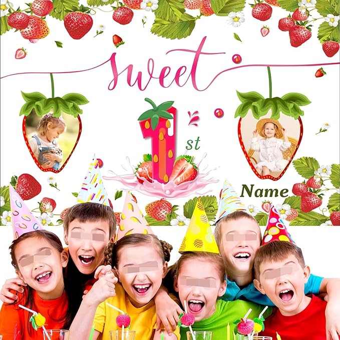 Dicodes Custom Strawberry Theme Birthday Banner - Personalized Fabric Banner for Birthday Decorations