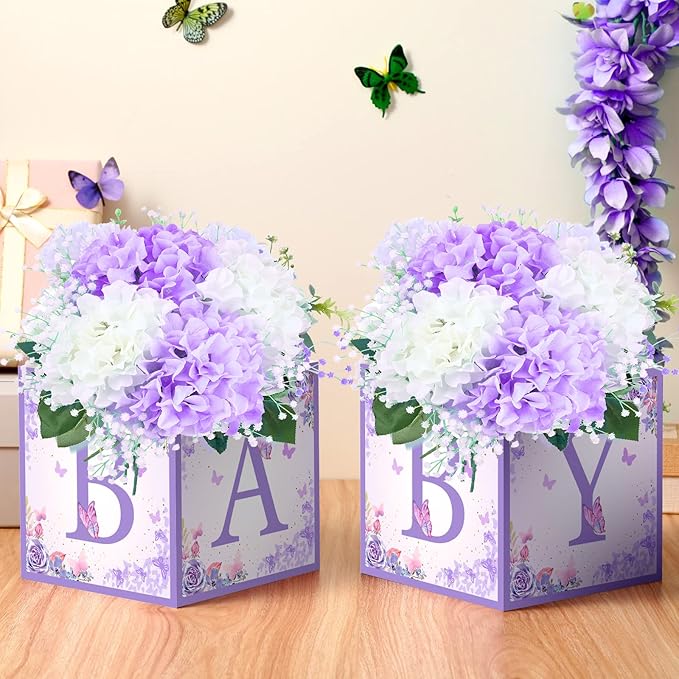 Bucherry 6 Pcs Baby Shower Centerpieces with Letters, 7" Baby Blocks Flower Boxes for Table Decorations, Gender Reveal Party Supplies & Photo Props(Purple,Purple Butterfly)
