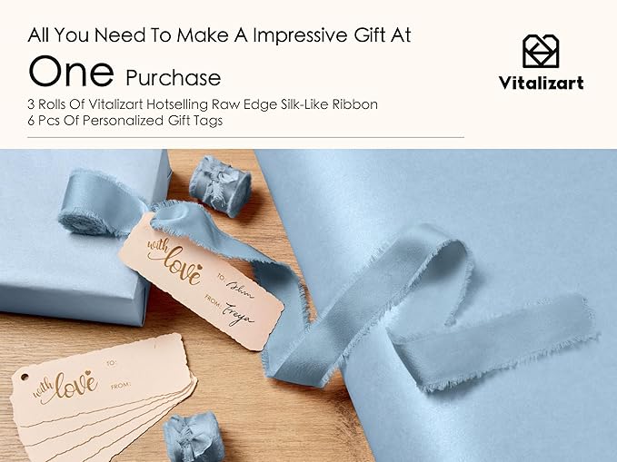 Vitalizart Dusty Blue Wrapping Paper Set 17" Pearly-Lustre With Silk Like Satin Ribbon & Gift Tags Recyclable Christmas Gift Wrapping Birthday Baby Shower Wedding Handmade Crafts 197"(16.4 Ft)