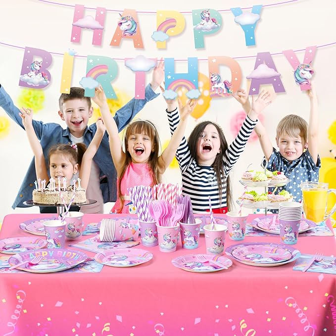 171Pcs Unicorn Birthday Party Decorations with Unicorn Rainbow Banner and Tablecloth, Birthday Party Supplies with Plates Cups Napkins Straws Cutlery, Pink Purple Disposable Tableware for 24 Guests