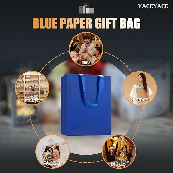 Blue Gift Bags, 10Pcs, 8x4.25x10.5 Inch, Medium Blue Paper Gift Bags with Ribbon Handles, Multi-purpose, Wedding, Birthday, Party, etc.