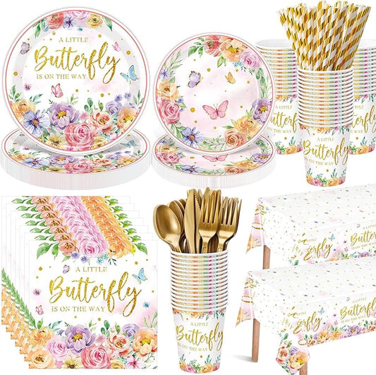 Funnymoom 452 Pcs Floral Butterfly Baby Shower Decorations, a Little Butterfly Is on the Way Paper Plates Napkins Cups Tablecloth Cutlery Straws for Summer Floral Baby Shower Party Supplies