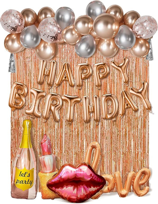 Rose Gold Birthday Decorations Set for Women,Happy Birthday Letter Balloon Banner,Foil Balloons,Lip Balloon, Fringe Curtain Backdrop for Happy Birthday Party Supplies