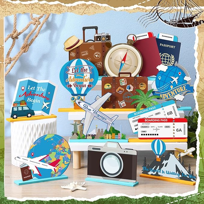 Marsui 12 Pcs Travel Themed Wooden Centerpieces Table Toppers Adventure Awaits Party Decor Travel Around The World Bon Voyage Table Decor Photo Props for Let The Adventure Begin Going Away Party
