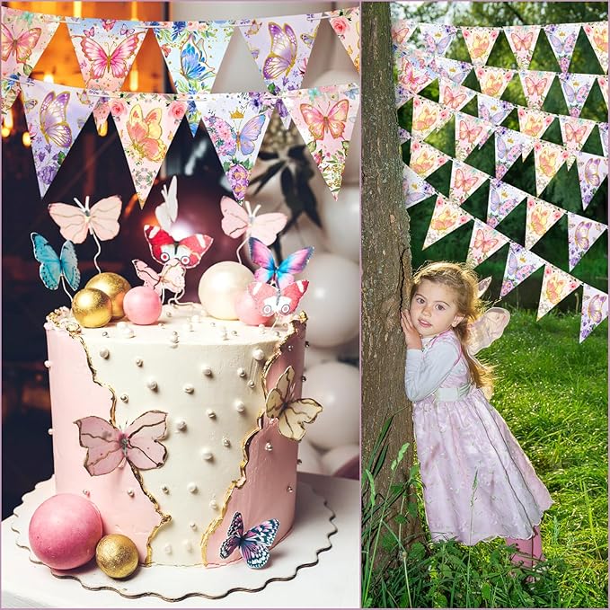 5 Pieces 49 ft Butterfly Birthday Banner Decorations Butterfly Party Supplies Paper Flower Pennant Triangle for Baby Shower Party Outdoor Decor