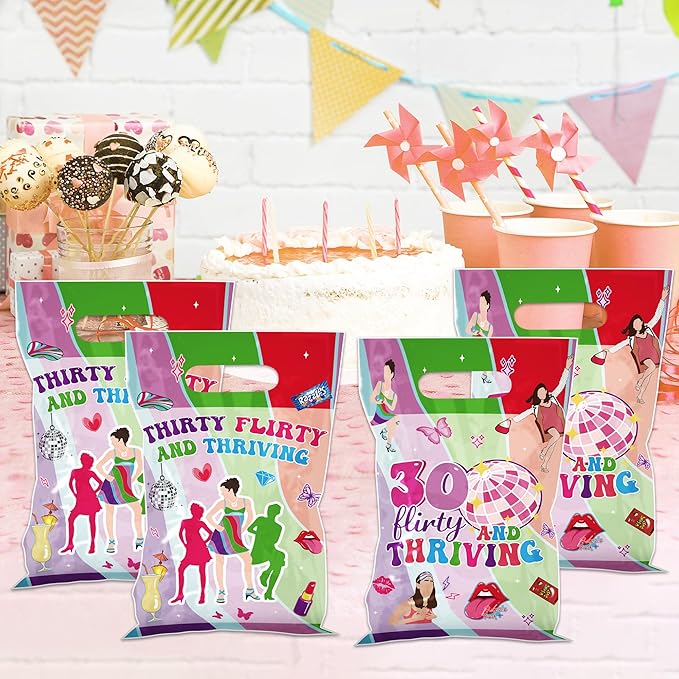 MOIZYNG 50Pcs Thirty Flirty and Thriving Birthday Gift Bags with Handles, 30 Flirty and Thriving Plastic Candy Treat Goodie Bags for Women 30th Birthday Party Favors Supplies