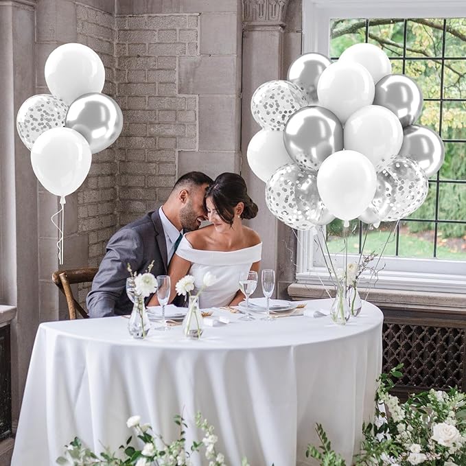 Patimate White and Silver Balloons Set, 50 pcs 12 inch Metallic Silver White Confetti Latex Balloons Kit for Birthday Wedding Anniversary Baby Shower Party Decorations