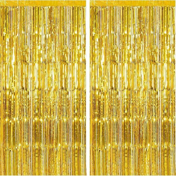 2pcs Gold Foil Fringe Backdrop Curtains 39 * 78 Inch Tinsel Streamersdance Party Decorations for 2026 New Years Eve, Christmas,Halloween Graduation, Birthday, Baby Shower, Gender Reveal Party