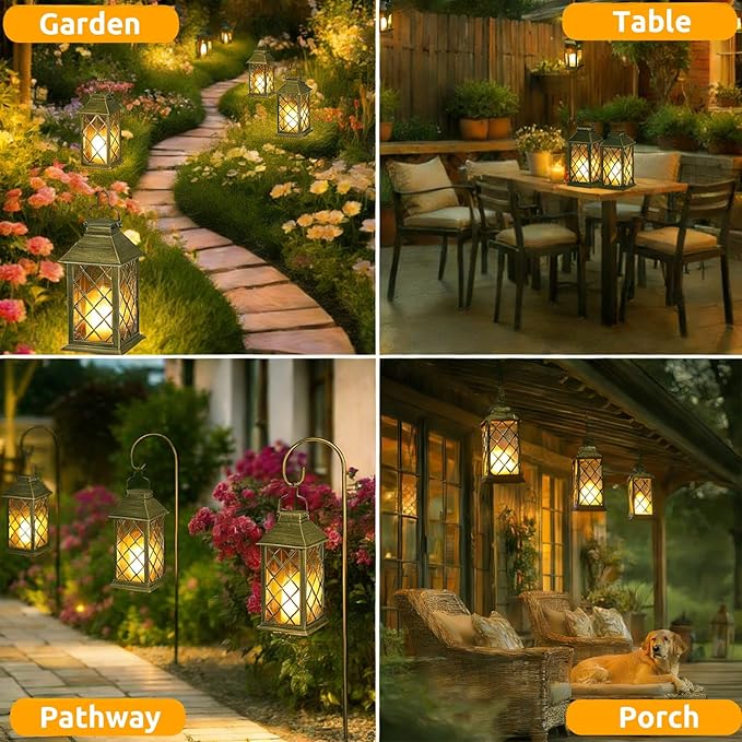 14" Large Tempered Glass Solar Lanterns Outdoor Waterproof, Hanging Solar Lights with Flickering Flameless Candles, Retro Solar Lantern for Wall Porch Patio Table Garden Decoration (Bronze)