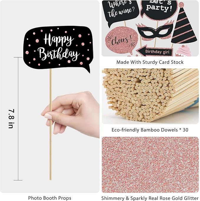30 PCS Birthday Photo Booth Props Kit, Glitter Birthday Party Photo Props Set, Easy to Assemble Selfie Party Supplies for Women & Girls, Cute Photography Props for Parties