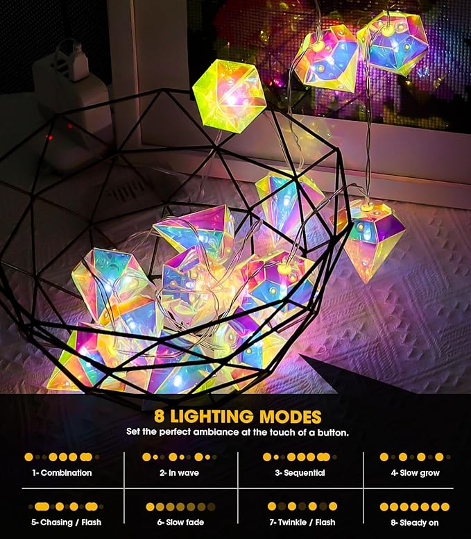 AceList Iridescent Big Diamond String Lights 10Ft 20 LED Fairy Light with Remote, Holographic Decor for Engagement Party Decorations Wedding Proposal Bachelorette Christmas Birthday Children (White)