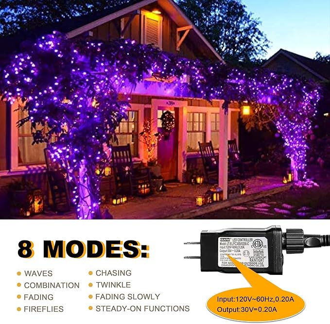 weillsnow 164FT 500 LED Purple Christmas Lights, 8 Modes Waterproof Plug in String Lights for Halloween Christmas Indoor Outdoor Yard Party Wedding Garden Home Decorations (Purple, 164FT)