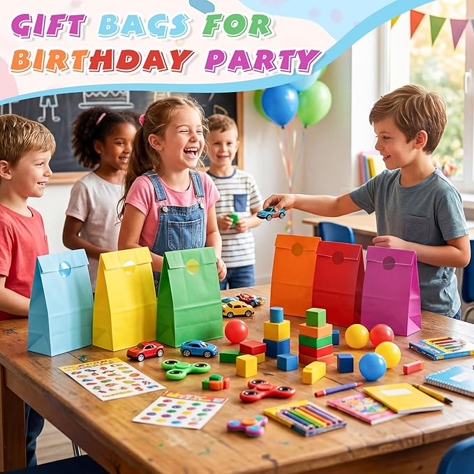 Nezyo 60 Pcs Pastel Gingham Paper Gift Bags with Stickers for Party 5.1 x 3.1 x 9.4 Inches Colorful Rainbow Paper Candy Bag for Party Favor Wedding Birthday Candy Snack DIY Goodie Treat (Rainbow Color)