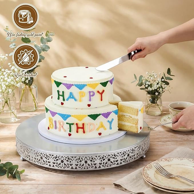 Wenqik 18 Inch Silver Cake Stand Set Metal Round Cupcake Dessert Stand with Cake Cutting, Spatula Wedding Cupcake Pastry Display Candy Holder Display for Wedding Party Birthday Baby Shower(Classic)
