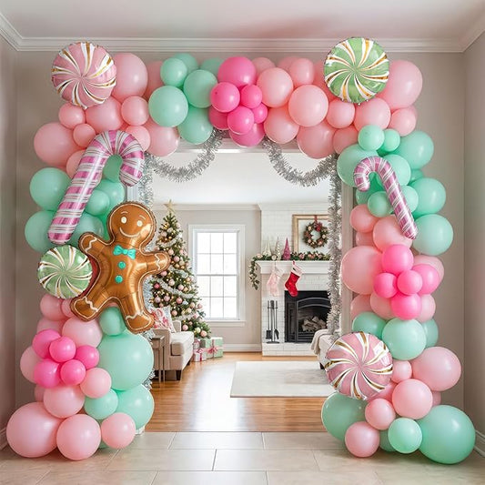 Christmas Balloon Garland Arch kit light magenta green pink balloon with Gingerbread Balloon Cane Candy Foil Balloons for Christmas Party Decorations Xmas New Year Birthday Party Supplies