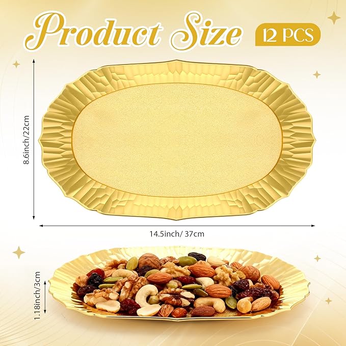 12 Pcs Gold Plastic Serving Tray Bulk, 14.5" x 8.6" Rectangle Gold Party Platters Reusable Decorative Dessert Table Serving Tray for Graduation Wedding Birthday Party Cupcake Decoration
