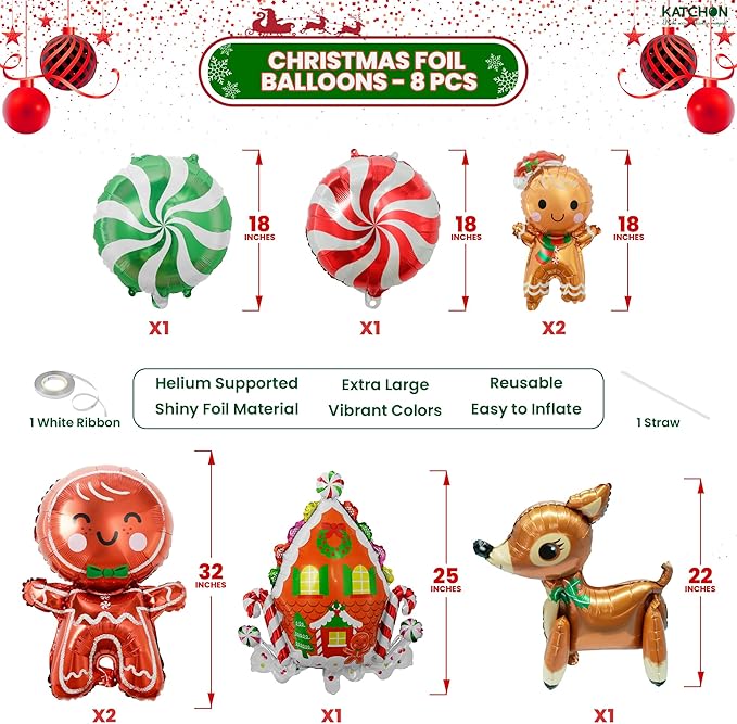 KatchOn, Merry Christmas Balloons Decorations - 32 Inch, Pack of 8 | Foil Balloon Christmas Decorations Indoor | Candy Cane Balloon, Gingerbread Balloons for Party Decorations | Holiday Decor