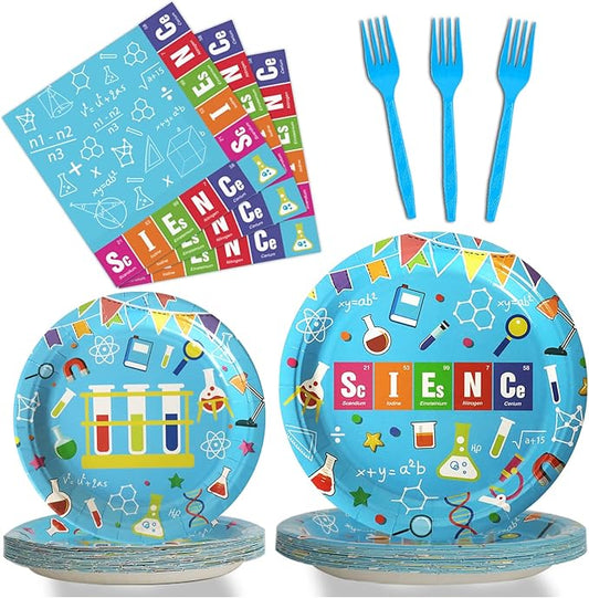 96 Pcs Science Party Plates Napkins Tableware Set Mad scientist Supplies Disposable Dinnerware Little Scientist Decoration Favors for Kids, 24 Guests