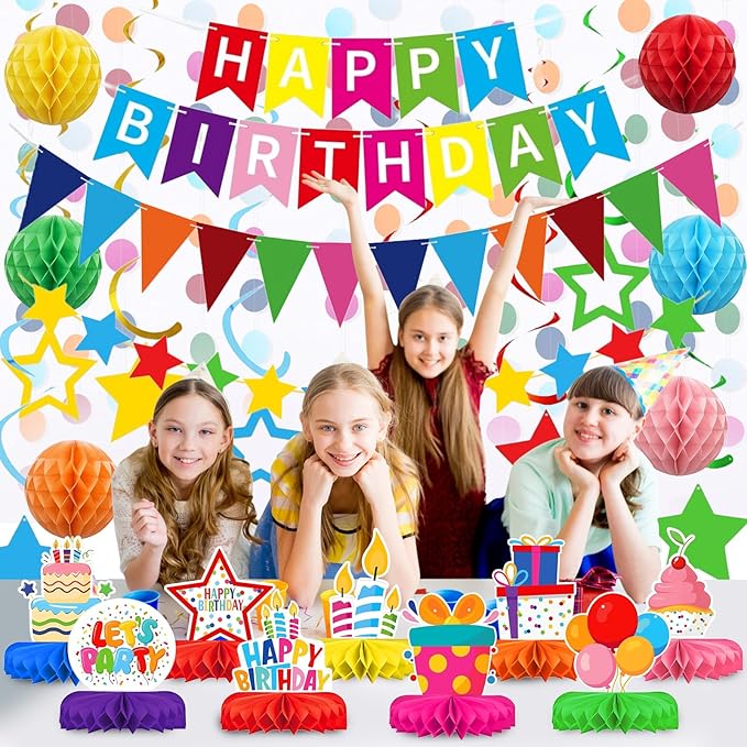 Colorful Happy Birthday Decorations Kit, Happy Birthday Banner Honeycomb Balls Centerpiece Metallic Hanging Swirls Circle Garland for Birthday Party Decorations