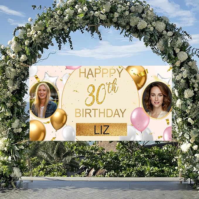 Custom Birthday Banners Personalized with Pictures and Name, Happy Birthday Backdrop Decorations for Husband Him Men, Celebration Banner for Unique Party Event