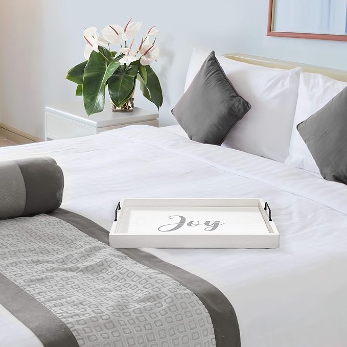 Elegant Designs HG2000-WJY Christmas Decoration 15.50" x 12" Decorative Wood Serving Tray w/Handles, White Wash Joy