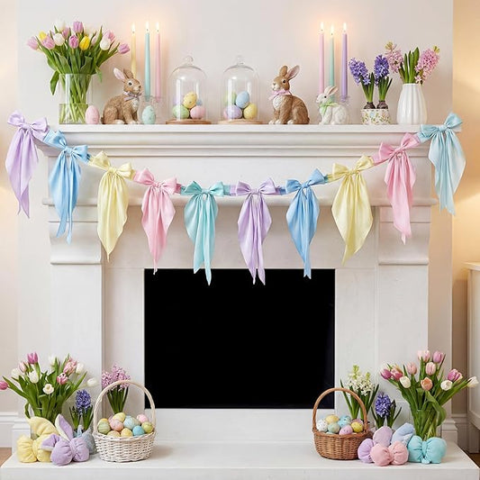 VitalCozy 1 Pcs Pastel Bow Garland Banner - Silk Satin Ribbon Hanging Party Bow Garland Decoration for Summer Birthday Baby Shower Wedding Party Supplies