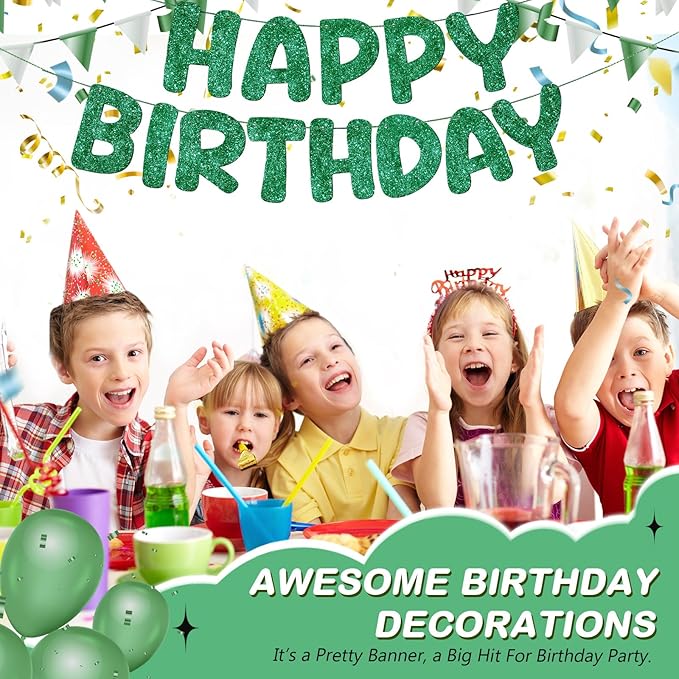 Fulmoon Glitter Pre Strung Happy Birthday Banner No DIY Party Decorations Happy Birthday Sign Decor for Men Women Boy Girls Backdrop(Green)