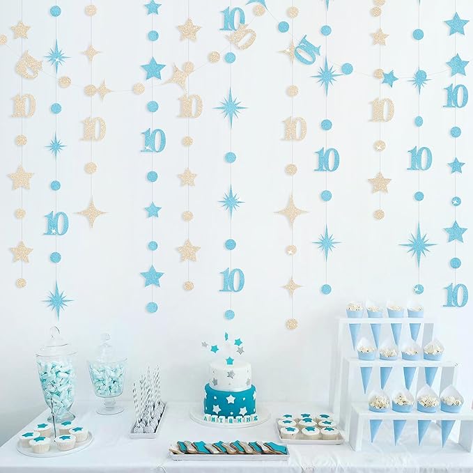 Champagne Gold Blue 10th Birthday Decorations Number 10 Circle Dot Star Garland Streamer Banner Backdrop for Girls Boys Double Digits Cheers to 10 Years Old Birthday 10th Anniversary Party Supplies