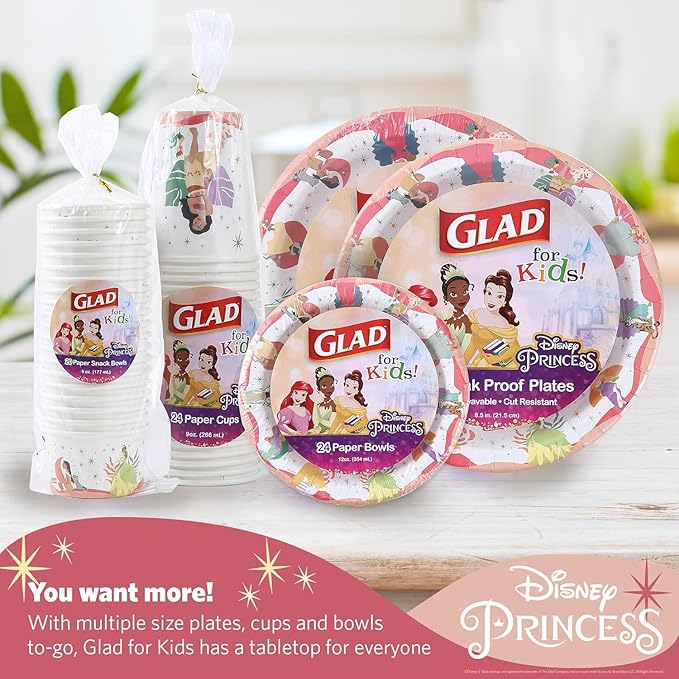 Glad for Kids Disney Princess Disposable Paper Cups for Bathroom Use and Parties, Heavy Duty Soak Proof Paper Cups for Kids, Colorful Princess Designs, 9 Ounce, 24 Count - 10 Pack