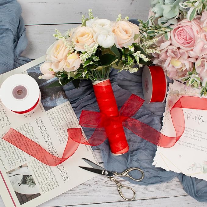 Red Organza Ribbon Red Sheer Ribbon 1 Inch x 75 Yds Clear Red Chiffon Tulle Ribbon Red Ribbon for Gift Wrapping Christmas Tree Flower Bouquet Wedding Invitations Wreaths Bows Crafts, MLU165-4R