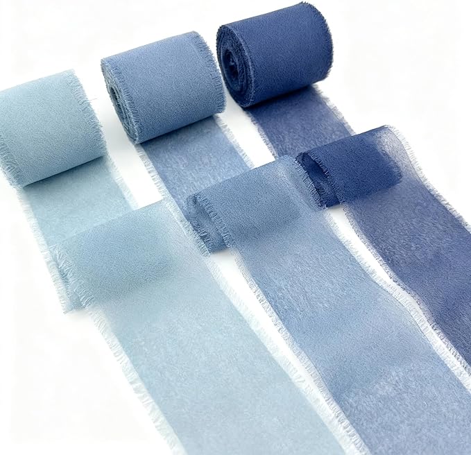Gray Blue Chiffon Ribbon Set, 3 Pack 1.5 Inch Frayed Edge Polyester Chiffon Ribbon, 21 Yards Total Gray-Blue Palette for Wedding Bouquets, Invitation Styling and Gift Wrapping
