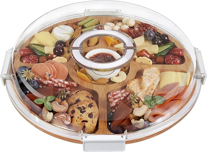 Renmxj Charcuterie Board with Clear Lid, Picnic Portable Cheese Board Charcuterie Boxes, Meat Fruit Serving Tray Platter, House Warming Gifts New Home, Gifts for Women (White, 5 Compartment)