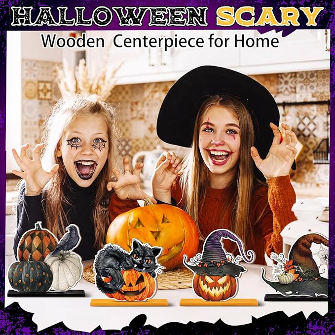 Marsui 12 pcs Halloween Wooden Decor Table Centerpieces Decorations for Home Spooky Halloween Pumpkin Ghost Black Cat Wooden Sign Wood Blocks Sign Home Decoration Tiered Tray Decor for Kitchen Shelf